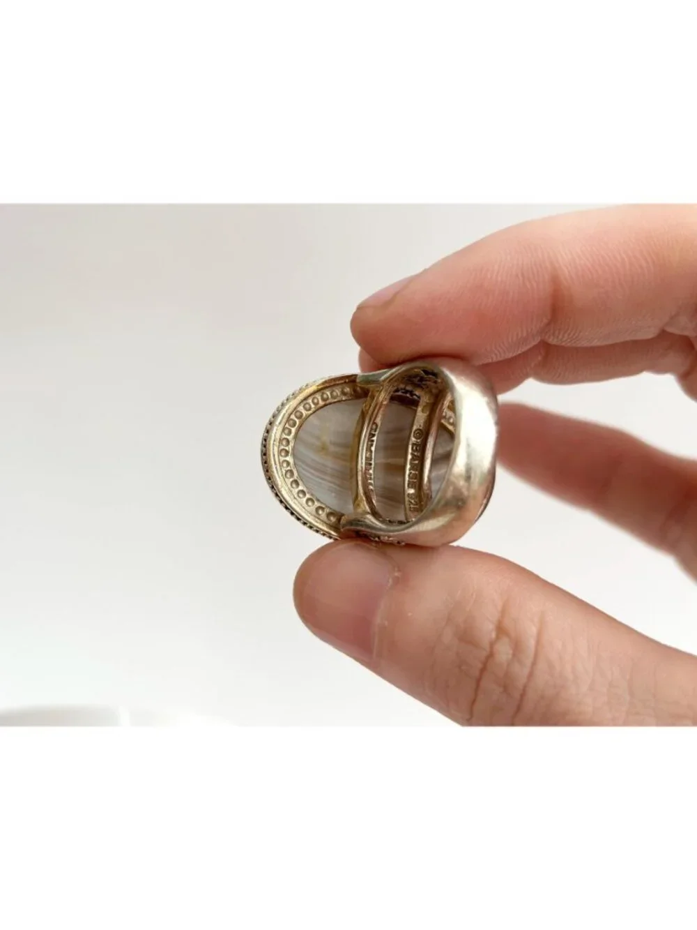 Grey Banded Agate Polished Cabochon Sterling Silver 925 Vintage Ring - sz 8